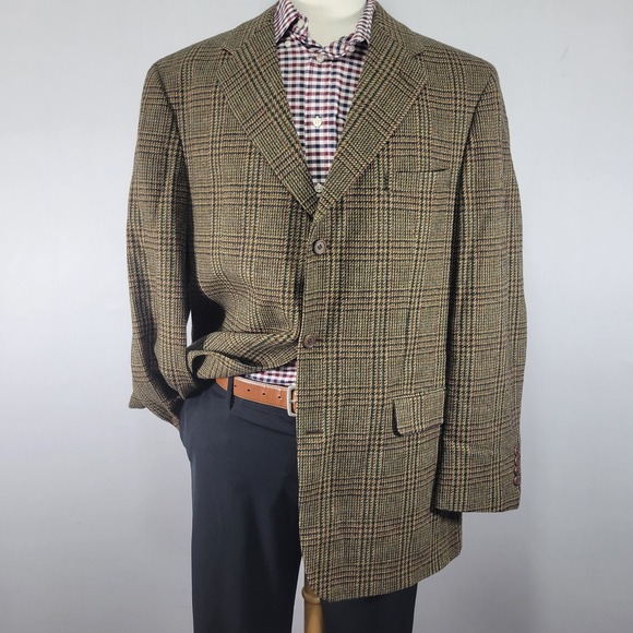Bill Blass Laine Men's Sport‎ Coat Blazer Three Button Brown Plaid Wool Size 44L